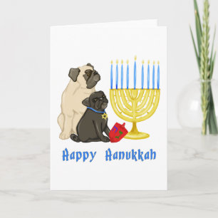 Happy Hanukkah Pugs and Menorah Customisable Cards
