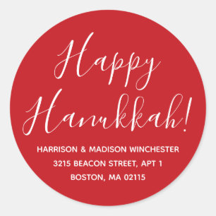 Happy Hanukkah red white script return address Classic Round Sticker