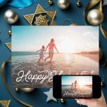 Happy Hanukkah Retro Type Simple Holiday Photo<br><div class="desc">Customise your photo and backer colour,  this one has a navy back with snowy polka dots. "Happy Hanukkah" greeting.</div>