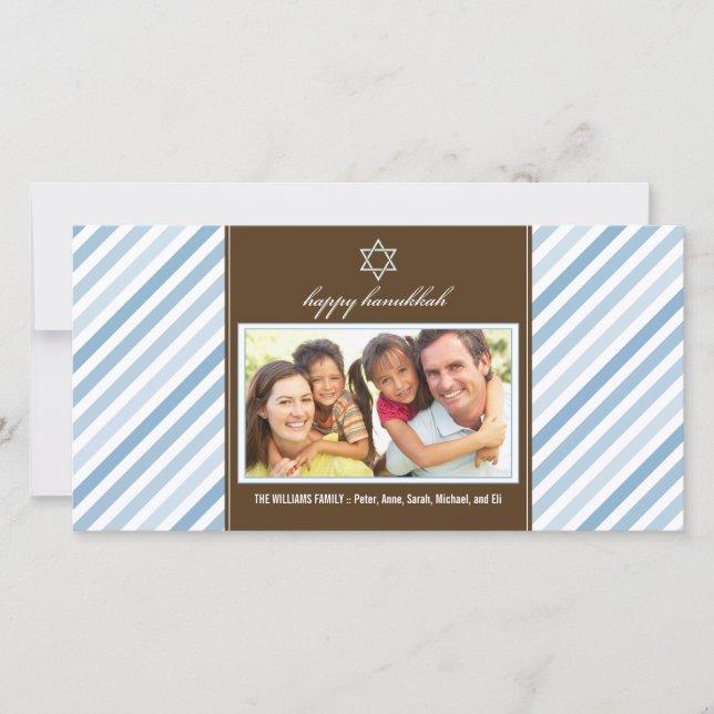 Happy Hanukkah Ribbon Family Photocard (blue) Holiday Card (Front)