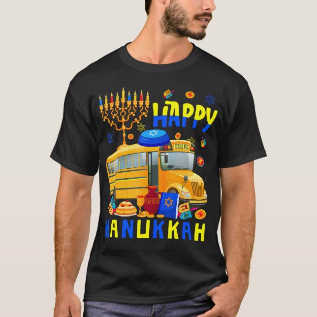 Happy Hanukkah School Bus With Menorah Dreidel Fun T-Shirt (Front)