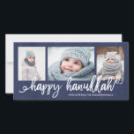 Happy Hanukkah Script 3-Photo Holiday<br><div class="desc">Holiday photocard featuring a 3-photo collage layout with trendy brush-script lettering and a grunge effect to the dark navy background.</div>