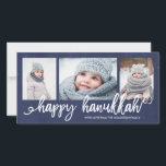 Happy Hanukkah Script 3-Photo Holiday Card<br><div class="desc">Holiday photocard featuring a 3-photo collage layout with trendy brush-script lettering and a grunge effect to the dark navy background.</div>