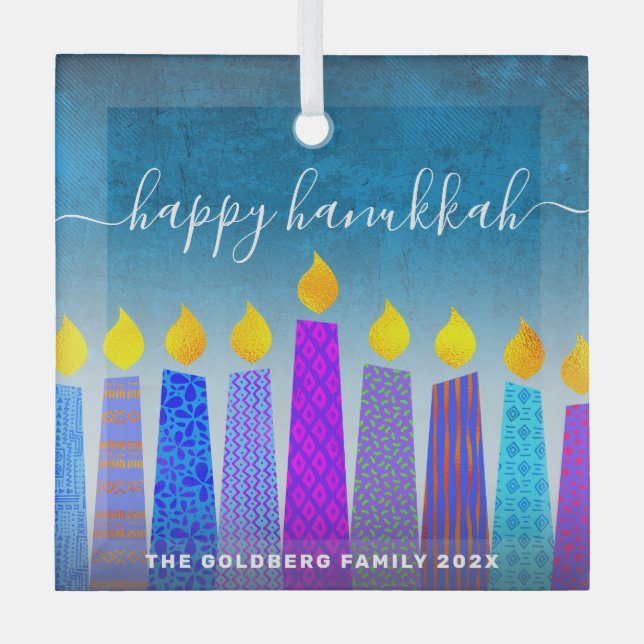 Happy Hanukkah Script Menorah Candles Turquoise Glass Tree Decoration (Front)