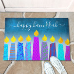 Happy Hanukkah Script Modern Boho Candle Turquoise Doormat<br><div class="desc">“Happy Hanukkah.” Decorate your entryway in “style” with this unique, fun custom holiday welcome mat! A playful, modern, artsy illustration of boho pattern candles in a menorah helps you usher in the holiday of Hanukkah. Assorted blue candles with colourful faux foil patterns overlay a turquoise gradient to white textured background....</div>