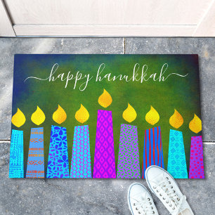 Happy Hanukkah Script Modern Boho Candles on Green Doormat
