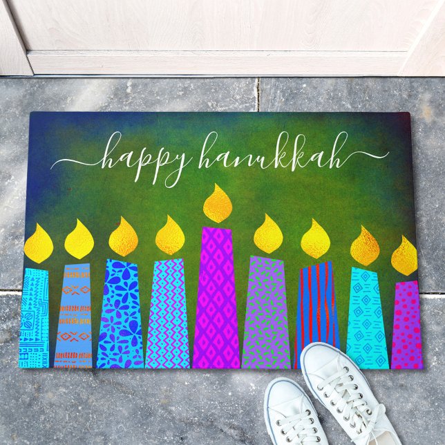 Happy Hanukkah Script Modern Boho Candles on Green Doormat (Creator Uploaded)
