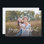 Happy Hanukkah Script Snow Photo Holiday Card<br><div class="desc">Celebrate Hanukkah with this chic photo card featuring modern script and snowfall.</div>