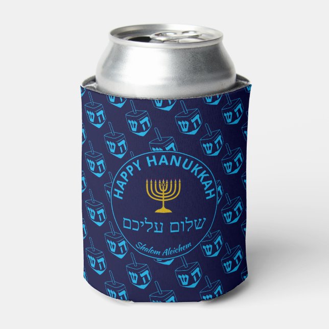 Happy Hanukkah SHALOM ALEICHEM Blue Dreidel Can Cooler (Can Front)