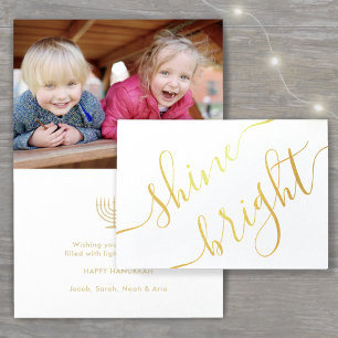 Happy Hanukkah Shine Bright Script Simple 1 Photo Foil Card