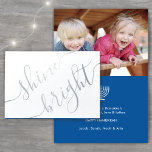 Happy Hanukkah Shine Bright Techelet Blue 1 Photo Foil Card<br><div class="desc">Wish family and friends the simple gifts of light and love for Hanukkah with an elegant custom photo folded card. All text on this template (including "Happy Hanukkah" on front) is simple to customize with any wording. The techelet blue, white and silver foil design features elegant handwritten script calligraphy, modern...</div>