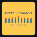 Happy Hanukkah | Simple and Modern Candle Greeting Square Sticker<br><div class="desc">This is a simple,  minimalist and modern design of the Menorah or temple candlesticks.</div>