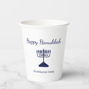 Happy Hanukkah Simple Blue Menorah Paper Cups