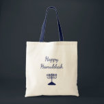 Happy Hanukkah Simple Blue Menorah  Tote Bag<br><div class="desc">Happy Hanukkah tote bag,  with a simple blue menorah and script typography design. With white customisable lettering,  you can add your own text. A festive way to enjoy the holiday season.</div>