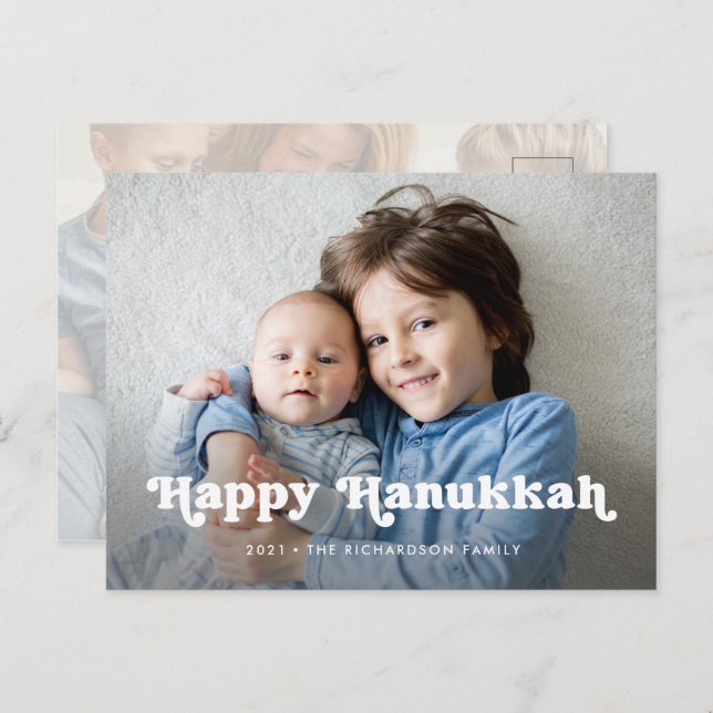 Happy Hanukkah | Simple Boho Photo Overlay Holiday Postcard (Front/Back)
