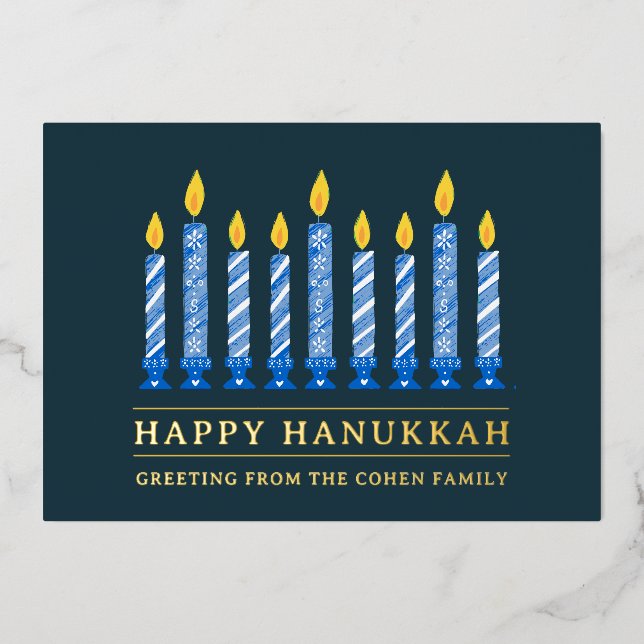 Happy Hanukkah | Simple Elegant Candle Greeting  Foil Holiday Card (Front)