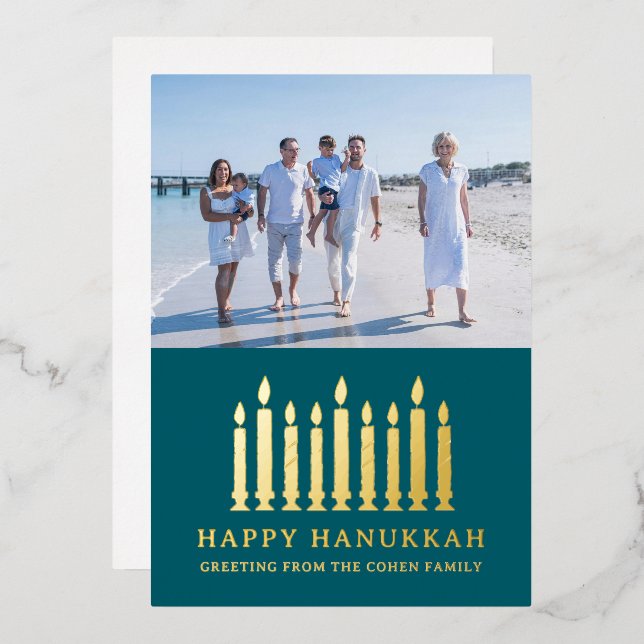 Happy Hanukkah | Simple Elegant Candle Greeting  Foil Holiday Card (Front/Back)