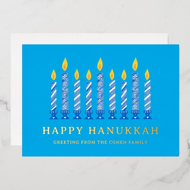 Happy Hanukkah | Simple Elegant Candle Greeting  Foil Holiday Card (Front/Back)