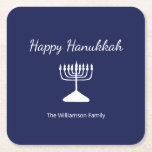 Happy Hanukkah Simple Menorah Blue  Square Paper Coaster<br><div class="desc">Happy Hanukkah Blue Holiday party paper coaster,  with a simple white menorah and script typography design. With white customisable lettering,  you can add your own information. A festive decor item to celebrate with friends and loved ones.</div>