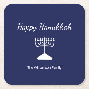 Happy Hanukkah Simple Menorah Blue  Square Paper Coaster