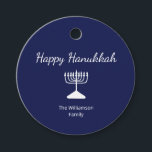 Happy Hanukkah Simple Menorah Blue White Favour Tags<br><div class="desc">Happy Hanukkah Blue Holiday party favour tag,  with a simple white menorah and script typography design. With white customisable lettering,  you can add your own information. A festive way to celebrate with friends and loved ones.</div>