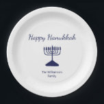 Happy Hanukkah Simple Menorah Blue White Paper Plate<br><div class="desc">Happy Hanukkah Holiday party paper plate,  with a simple blue menorah and script typography design. With blue customisable lettering,  you can add your own text. A festive way to celebrate with friends and loved ones.</div>
