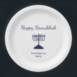 Happy Hanukkah Simple Menorah Blue White Paper Plate<br><div class="desc">Happy Hanukkah Holiday party paper plate, with a simple blue menorah and script typography design. With blue customisable lettering, you can add your own text. A festive way to celebrate with friends and loved ones.</div>