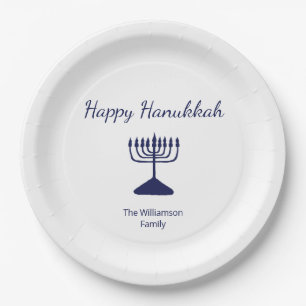 Happy Hanukkah Simple Menorah Blue White Paper Plate