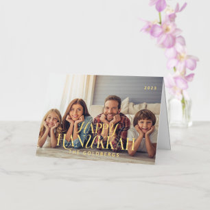 Happy Hanukkah Simple Modern Chic Family Photo Foil Holiday Card