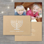 Happy Hanukkah Simple Modern Menorah One Photo Foil Card<br><div class="desc">Wish family and friends the simple gifts of light and love for Hanukkah with an elegant custom photo folded card. All text on this template (including "Happy Hanukkah" on front) is simple to customise with any wording. The natural kraft, white and silver foil design features modern minimalist typography, a menorah...</div>