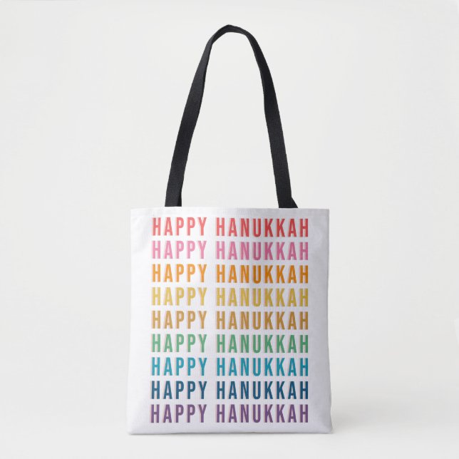 Happy Hanukkah | Simple Rainbow Colours Typography Tote Bag (Front)