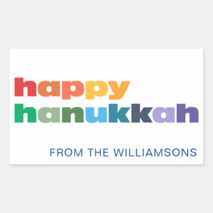 Happy Hanukkah Simple Rainbow Typography Custom Rectangular Sticker