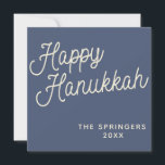 Happy Hanukkah | Simple Retro Typography in Blue Holiday Card<br><div class="desc">Simple Happy Hanukkah greeting written in a fun retro lettering script style on a dark blue background,  personalised with your name.</div>