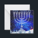 Happy Hanukkah Snow & Menorah Card<br><div class="desc">Happy Hanukkah in Hebrew,  Snow scenery,  Silver Menorah,  Reverse-side English Happy Hanukkah, </div>