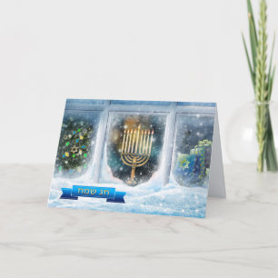 Happy Hanukkah. Snow Scene with Menorah  Holiday Card