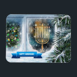 Happy Hanukkah. Snow Scene with Menorah Magnet<br><div class="desc">Happy Hanukkah. Snow Scene with Menorah Painting customisable Gift Magnets. Matching cards and gifts available in the Jewish Holidays | Hanukkah Category of our store.</div>
