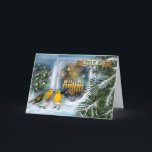 Happy Hanukkah. Snow Window Scene with Menorah  Holiday Card<br><div class="desc">Happy Hanukkah in Hebrew. Snow Window Scene with Menorah and Birds Painting customisable Greeting Card in Hebrew. Matching cards and gifts available in the Jewish Holidays / Hanukkah Category of our store.</div>