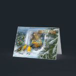 Happy Hanukkah. Snow Window Scene with Menorah  Holiday Card<br><div class="desc">Happy Hanukkah in Hebrew. Snow Window Scene with Menorah and Birds Painting customisable Greeting Card in Hebrew. Matching cards and gifts available in the Jewish Holidays / Hanukkah Category of our store.</div>