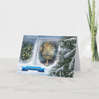 Happy Hanukkah. Snow Window Scene with Menorah Holiday Card