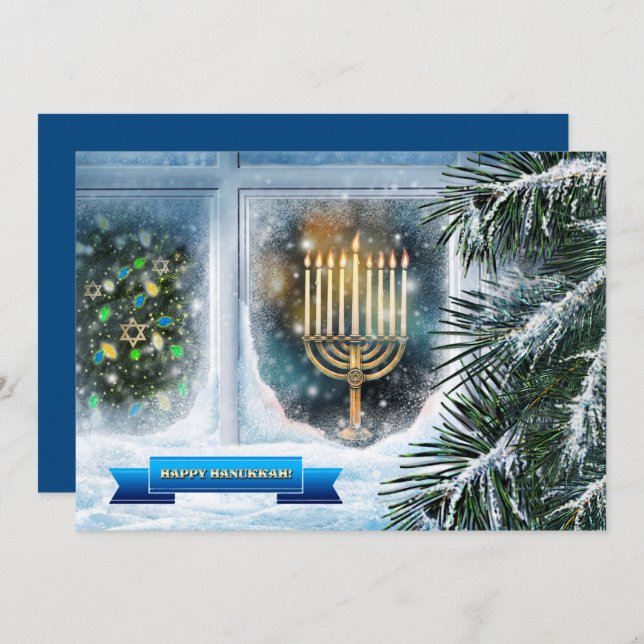 Happy Hanukkah. Snow Window Scene with Menorah Holiday Card (Front/Back)