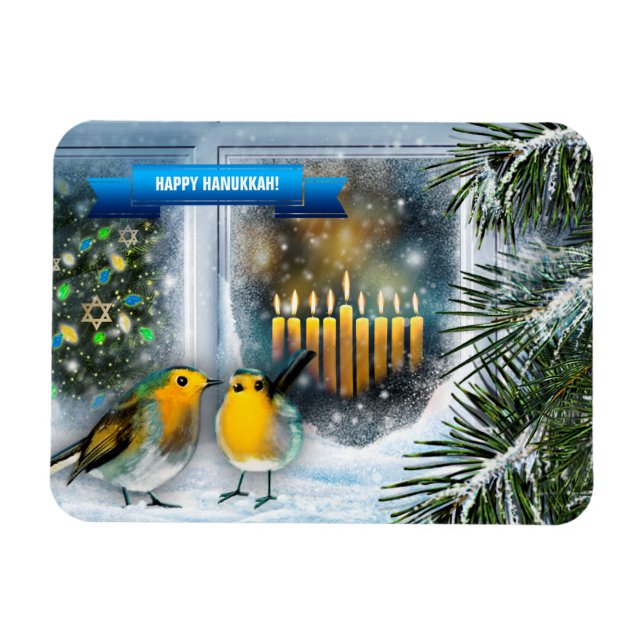 Happy Hanukkah. Snow Window Scene with Menorah Magnet (Horizontal)