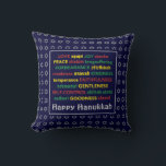 HAPPY HANUKKAH | Spiritual Fruit | BLUE Cushion<br><div class="desc">Colourful festive pillow with faux silver Star of David in subtle background pattern. FRUIT OF THE SPIRIT including Hebrew translations are written in red,  yellow and green. HAPPY HANUKKAH is customisable if you want to add your name. Part of the HANUKKAH Collection.</div>