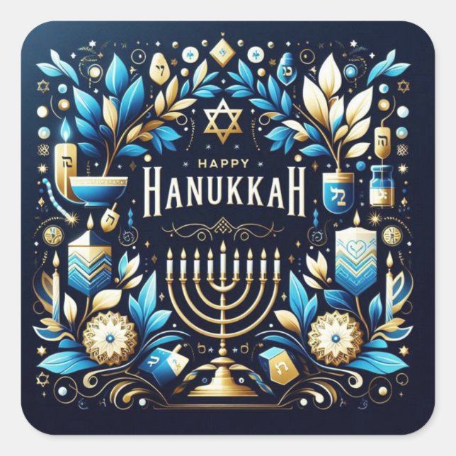 Happy Hanukkah Square Sticker (Front)