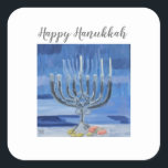 Happy Hanukkah Square Sticker<br><div class="desc">Oil painting of a Hanukkah menorah with blue background.</div>