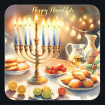 Happy Hanukkah Square Sticker<br><div class="desc">Hanukkah watercolor illustration. A beautifully arranged table set for a festive celebration,  featuring a traditional menorah with lit candles. Soft,  warm light,  while holiday decorations add a touch of cheer. Warm lights creating a cosy,  inviting atmosphere.</div>