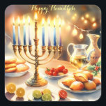 Happy Hanukkah Square Sticker<br><div class="desc">Hanukkah watercolor illustration. A beautifully arranged table set for a festive celebration,  featuring a traditional menorah with lit candles. Soft,  warm light,  while holiday decorations add a touch of cheer. Warm lights creating a cosy,  inviting atmosphere.</div>