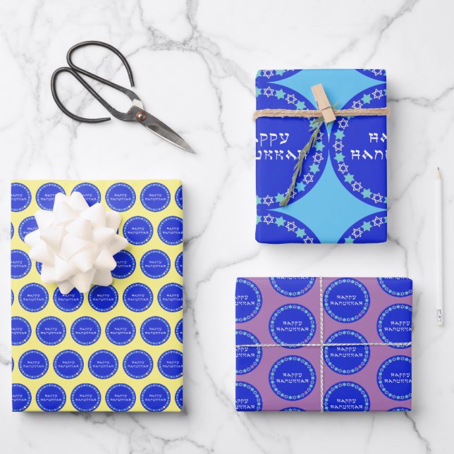 Happy Hanukkah Star Circle Wrapping Paper Sheets (Front)