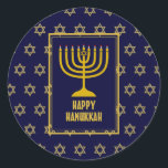 HAPPY HANUKKAH Star David BLUE Classic Round Sticker<br><div class="desc">Stylish festive HANUKKAH stickers with faux gold Star of David as a background pattern.  Part of the FESTIVE STARS Collection by Berean Designs.</div>