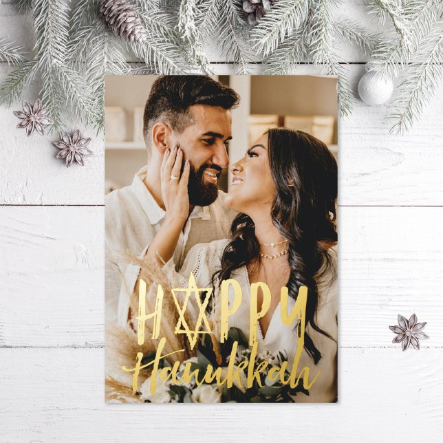 Happy Hanukkah Star Holiday Photo Silver Foil Card (Creator Uploaded)