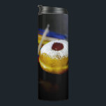 Happy Hanukkah, Star of David coin, menorah colorf Thermal Tumbler<br><div class="desc">Happy Hanukkah,  Star of David coin,  menorah colourful candles,  dreidels traditional spinning tops,  SlipperyJoe artistic Celebration,  Jewish sufganiyah treat,  Hebrew,  Chanukah,  gifts decorations Judaism religion,  jelly-filled doughnut powdered sugar</div>